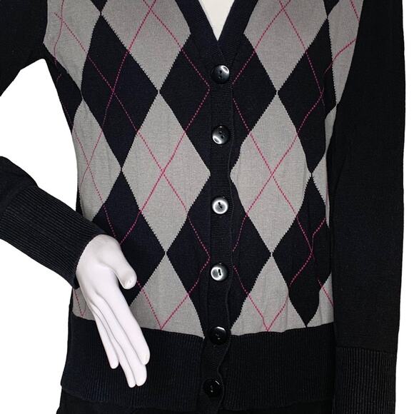 Basic Editions Academia Cardi Sweater Size M Rhombus Black and Gray Patt… - Picture 3 of 8